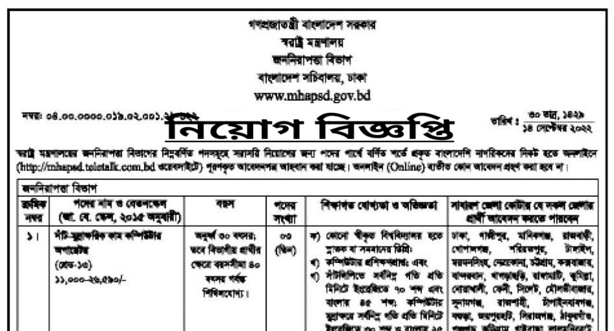জননিরাপত্তা বিভাগ নিয়োগ বিজ্ঞপ্তি