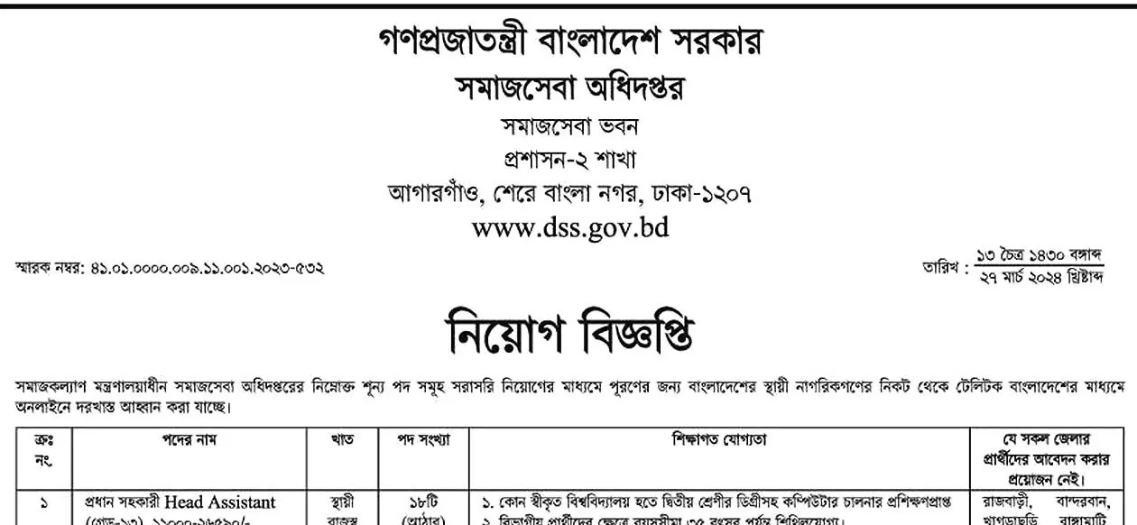 সমাজসেবা অধিদপ্তর নিয়োগ বিজ্ঞপ্তি