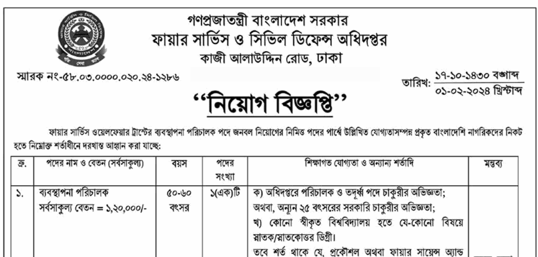 ফায়ার সার্ভিস ও সিভিল ডিফেন্স নিয়োগ বিজ্ঞপ্তি