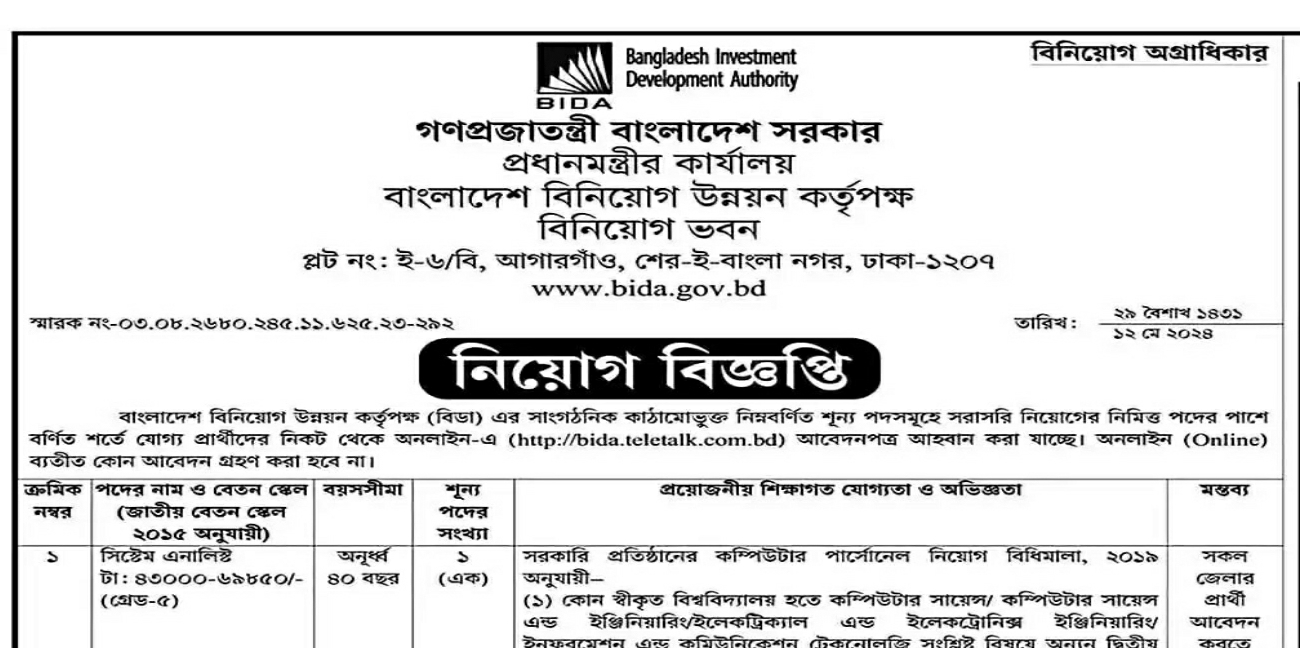 প্রধানমন্ত্রীর কার্যালয়ে নিয়োগ বিজ্ঞপ্তি