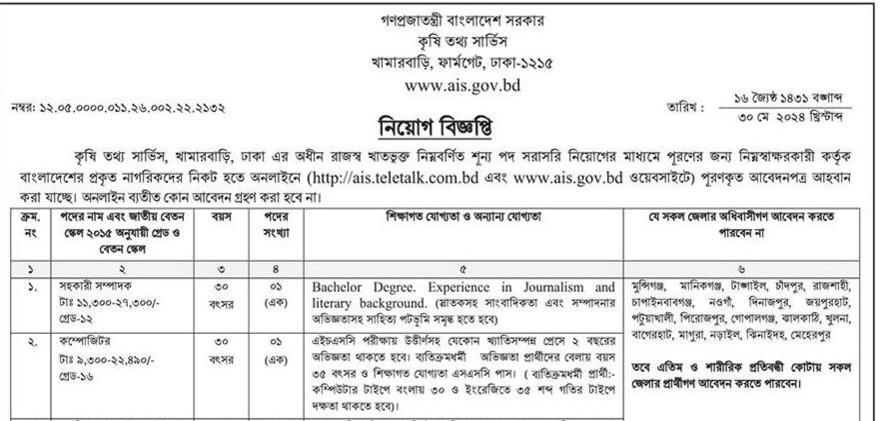 কৃষি তথ্য সার্ভিস নিয়োগ বিজ্ঞপ্তি